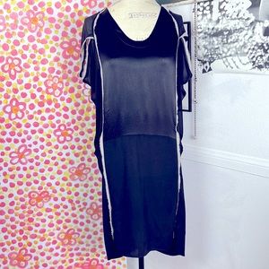 NWT BCBGMAXAZRIA Runway 100% silk tunic dress S Sheer Sides Black Gray Fray Hem